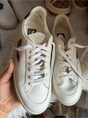 Veja White Sneakers with Burgundy V Accent size 7